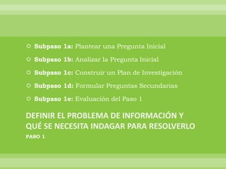  Subpaso 1a: Plantear una Pregunta Inicial

 Subpaso 1b: Analizar la Pregunta Inicial

 Subpaso 1c: Construir un Plan de Investigación

 Subpaso 1d: Formular Preguntas Secundarias

 Subpaso 1e: Evaluación del Paso 1




PASO 1
 
