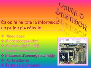 És on hi ha tota la informació i
on es fan els càlculs
 Placa base
 Microprocessador
 Memòria RAM 1 GB
 Fonts d’alimentació
 Sistemes d’emmagatzematge
 Ports externs
 Targetes d’expansió
 
