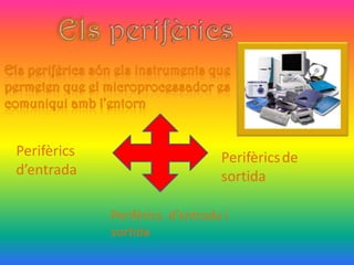 Els perifèrics són els instruments que
permeten que el microprocessador es
comuniqui amb l’entorn


 Perifèrics                          Perifèrics de
 d’entrada                           sortida

                 Perifèrics d’entrada i
                 sortida
 