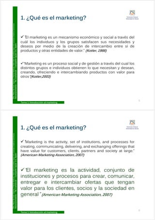 1 ¿Qué es el marketing?
Commons
1. ¿Qué es el marketing?
Licencia
Creative
“El marketing es un mecanismo económico y social a través del
cuál los individuos y los grupos satisfacen sus necesidades y
ublica
bajo
una
L
ual
3.0,
Spain
cuál los individuos y los grupos satisfacen sus necesidades y
deseos por medio de la creación de intercambio entre sí de
productos y otras entidades de valor.” (Kotler, 1988)
ar.
Esta
obra
se
p
Compartir
Igu
“Marketing es un proceso social y de gestión a través del cual los
distintos grupos e individuos obtienen lo que necesitan y desean
y
Y
Nuria
Atiénza
Comercial
–
C
distintos grupos e individuos obtienen lo que necesitan y desean,
creando, ofreciendo e intercambiando productos con valor para
otros”(Kotler,2003)
o
De
Juan
Vigaray
cimiento
–
No
D
ra.
Mayo
Reconoc
Tema 1: Introducción al marketing
5
1 ¿Qué es el marketing?
Commons
“M k i i h i i f i i i d f
1. ¿Qué es el marketing?
Licencia
Creative
“Marketing is the activity, set of institutions, and processes for
creating, communicating, delivering, and exchanging offerings that
have value for customers, clients, partners and society at large.”
ublica
bajo
una
L
ual
3.0,
Spain
p y g
(American Marketing Association, 2007)
ar.
Esta
obra
se
p
Compartir
Igu
“El marketing es la actividad, conjunto de
instituciones y procesos para crear comunicar
y
Y
Nuria
Atiénza
Comercial
–
C
instituciones y procesos para crear, comunicar,
entregar e intercambiar ofertas que tengan
valor para los clientes socios y la sociedad en
o
De
Juan
Vigaray
cimiento
–
No
valor para los clientes, socios y la sociedad en
general” (American Marketing Association, 2007)
D
ra.
Mayo
Reconoc
Tema 1: Introducción al marketing
6
 