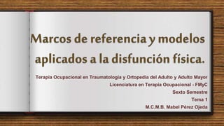 Terapia Ocupacional en Traumatología y Ortopedia del Adulto y Adulto Mayor
Licenciatura en Terapia Ocupacional - FMyC
Sexto Semestre
Tema 1
M.C.M.B. Mabel Pérez Ojeda
 