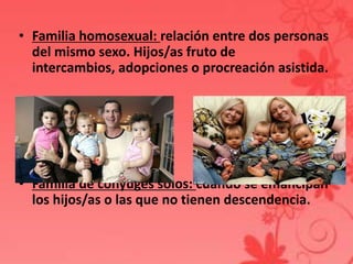 • Familia homosexual: relación entre dos personas
  del mismo sexo. Hijos/as fruto de
  intercambios, adopciones o procreación asistida.




• Familia de cónyuges solos: cuando se emancipan
  los hijos/as o las que no tienen descendencia.
 