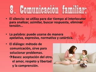 • El silencio: se utiliza para dar tiempo al interlocutor
  para analizar, asimilar, buscar respuesta, eliminar
  tensión…

• La palabra: puede usarse de manera
  apelativa, expresiva, normativa y catártica.
• El diálogo: método de
  comunicación, sirve para
  solucionar problemas.
  Bases: aceptación del otro,
    el amor, respeto y libertad
    y la comprensión.
 