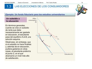 LAS ELECCIONES DE LOS CONSUMIDORES1.3
Ejemplo: Un fondo fiduciario para los estudios universitarios
Un subsidio a
la educación
En términos generales,
cuando se crea un subsidio
de renta que debe
necesariamente ser gastada
en educación, el estudiante
pasa del equilibrio A al B, una
solución esquina.
Obsérvese, sin embargo, que
si el subsidio no fuera finalista
y, además de en educación,
pudiera gastarse en otras
cosas, el estudiante preferiría
el punto C, en el que
alcanzaría un nivel más alto
de satisfacción.
MICROECONOMÍA Grado en Economía Universitat de València Prof. Carlos Peraita 32
 