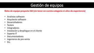 Gestión de equipos
Roles de equipo proyecto SW (sin tener en cuenta categoría ni años de experiencia)
• Analistas software...