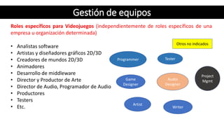 Gestión de equipos
Roles específicos para Videojuegos (independientemente de roles específicos de una
empresa u organizaci...