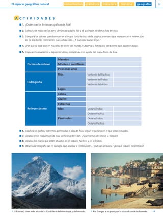 comunicación gramática literatura historia geografíaEl espacio geográfico natural 17
Y
1. ¿Cuáles son los límites geográficos de Asia?
2. Consulta el mapa de las zona climáticas (página 10) y di qué tipos de climas hay en Asia.
3. Compara los colores que dominan en el mapa físico de Asia de la página anterior y que representan el relieve, con
los de los demás continentes que ya has visto. ¿A qué conclusión llegas?
4. ¿Por qué se dice que en Asia está el techo del mundo? Observa la fotografía del Everest que aparece abajo.
5. Copia en tu cuaderno la siguiente tabla y complétala con ayuda del mapa físico de Asia.
6. Clasifica los golfos, estrechos, penínsulas e islas de Asia, según el océano en el que están situados.
7. Localiza en el mapa físico de Asia la meseta del Tíbet. ¿Qué formas de relieve la rodean?
8. Localiza los mares que estén situados en el océano Pacífico y en el Índico.
9. Observa la fotografía del río Ganges, que aparece a continuación. ¿Qué país atraviesa? ¿En qué océano desemboca?
A C T I V I D A D E S
 Río Ganges a su paso por la ciudad santa de Benarés. El Everest, cima más alta de la Cordillera del Himalaya y del mundo.
Mesetas
Montes o cordilleras
Picos más altos
Formas de relieve
Ríos
Lagos
Vertiente del Pacífico
Vertiente del Índico
Vertiente del Ártico
Hidrografía
Cabos
Golfos
Estrechos
Islas
Penínsulas
Océano Índico
Océano Pacífico
Océano Índico
Océano Pacífico
Relieve costero
Diver I L+S UD01 1/4/08 15:34 Página 17
 