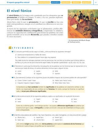 comunicación gramática literatura historia geografíaEl espacio geográfico natural 31
Y
El nivel fónico
El nivel fónico de la lengua está constituido por los elementos que se
pronuncian al hablar esa lengua. Y estos, a su vez, pueden represen-
tarse por medio de la escritura.
Ahora bien, entre lo que se pronuncia y lo que se escribe no hay una
total correspondencia, aunque en el castellano esa diferencia no sea exa-
gerada.
A través de las siguientes actividades que te planteamos, podrás dife-
renciar las unidades fónicas y ortográficas, comprender su utilidad y
conocer su capacidad de combinación para formar las palabras, tal como
queda resumido en la sección Recuerda, que puedes consultar cuando
lo creas necesario.
 En el promenoir del Moulin Rouge,
de Toulouse-Lautrec.
1. Si estuviera permitido escribir según se habla, ¿cómo escribirías los siguientes mensajes?
a) Quería que empezáramos a hablar de nuevo.
b) Para celebrar mi cumpleaños quiero hacer algo muy especial.
Tras haber escrito los mensajes anteriores como los pronuncias, haz una lista con las letras que te hemos dado en
las filas a y b y otra con las que tú has escrito según hablas. Por ejemplo: quería [kería] = qu [k], e [e], r [r], í [í], a [a].
2. Teniendo en cuenta que los elementos más pequeños de las palabras son los fonemas (que se representan en la
escritura por medio de letras), di cuántos elementos mínimos oyes si alguien te dice:
a) correr c) queso e) bote
b) había d) ceguera f) examen
3. ¿Qué elementos cambian en los siguientes grupos de palabras respecto de la primera palabra de cada apartado?
a) Correr / comer / coser / toser. b) Había / asía / hacía / vacía.
c) Ceguera / reguera / regara / legara. d) Bota / bata / lata / lana.
4. Escribe la pronunciación de las siguientes palabras y explica sus significados con ayuda del diccionario:
a) basto c) ingerir e) haya g) baca
b) vasto d) injerir f) aya h) vaca
5. Identifica estas palabras del castellano: hijo, hacer, hipertenso, vino, saber, homogéneo, con estas otras del latín o griego:
a) filiu(m) (lat.) c) facere (lat.) e) homo- (gr.)
b) hiper- (gr.) d) vinu(m) (lat.) f) sapere (lat.)
¿Ves cómo el origen (griego, latino, etc.) de las palabras puede explicar la existencia de los fonemas que
tenemos en nuestra lengua y las grafías que los representan?
Como ves, la distinta grafía —en la lengua escrita— nos ayuda a diferenciar significados de palabras que
se pronuncian igual. Luego, la Ortografía sí cumple una función: sirve para dar estabilidad a la lengua y para
evitar ambigüedades.
Comprobarás que han cambiado también los significados de las palabras con solamente cambiar un ele-
mento. Los responsables de esos cambios son los fonemas. Por tanto, aunque los fonemas no significan
nada, sí sirven para diferenciar significados.
A C T I V I D A D E S
Diver I L+S UD01 1/4/08 15:34 Página 31
 