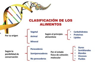 CLASIFICACIÓN DE LOS
ALIMENTOS
Según el principio
alimenticio
• Carbohidratos
• Proteínas
• Lípidos
Por su origen
Vegetal
Animal
Mineral
Según la
posibilidad de
conservación
Perecederos
Semiperecederos
No perecederos
Por el estado
físico de cohesión
molecular
• Duros
• Semiblandos
• Blandos
• Viscosos
• Fluidos
 