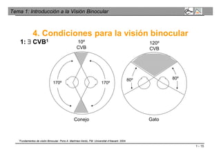 1 - 15
Tema 1: Introducción a la Visión Binocular
4. Condiciones para la visión binocular
1:  CVB1
170º 170º
10º
CVB
80º
120º
CVB
80º
Conejo Gato
1Fundamentos de visión Binocular. Pons A. Martínez-Verdú, FM. Universitat d’Alacant. 2004.
 