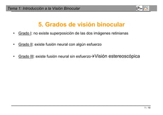 1 - 19
Tema 1: Introducción a la Visión Binocular
5. Grados de visión binocular
• Grado I: no existe superposición de las dos imágenes retinianas
• Grado II: existe fusión neural con algún esfuerzo
• Grado III: existe fusión neural sin esfuerzoVisión estereoscópica
 