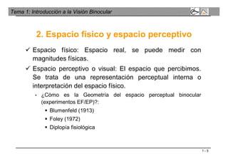 1 - 5
Tema 1: Introducción a la Visión Binocular
 Espacio físico: Espacio real, se puede medir con
magnitudes físicas.
 Espacio perceptivo o visual: El espacio que percibimos.
Se trata de una representación perceptual interna o
interpretación del espacio físico.
• ¿Cómo es la Geometría del espacio perceptual binocular
(experimentos EF/EP)?:
 Blumenfeld (1913)
 Foley (1972)
 Diplopía fisiológica
2. Espacio físico y espacio perceptivo
 