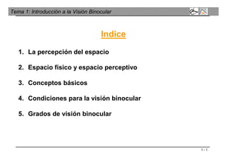 1 - 1
Tema 1: Introducción a la Visión Binocular
1. La percepción del espacio
2. Espacio físico y espacio perceptivo
3. Conceptos básicos
4. Condiciones para la visión binocular
5. Grados de visión binocular
Indice
 