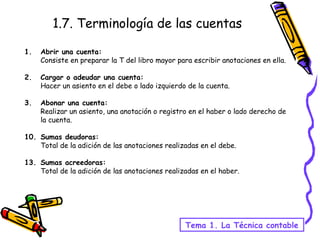 1.7. Terminología de las cuentas Tema 1. La Técnica contable Abrir una cuenta:  Consiste en preparar la T del libro mayor para escribir anotaciones en ella. 2. Cargar o adeudar una cuenta:  Hacer un asiento en el debe o lado izquierdo de la cuenta. 3. Abonar una cuenta:  Realizar un asiento, una anotación o registro en el haber o lado derecho de la cuenta. Sumas deudoras:  Total de la adición de las anotaciones realizadas en el debe. Sumas acreedoras:  Total de la adición de las anotaciones realizadas en el haber. 