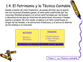 Desde el punto de vista financiero, se puede afirmar que el pasivo  son los recursos (fondos) ajenos, el neto está constituido por los  recursos (fondos) propios y el activo está formado por los bienes  y derechos en los que se invierten los anteriores recursos o fondos,  ajenos y propios. De otro modo, el pasivo y el neto constituyen el  origen de los fondos, o la estructura financiera, y el activo el destino de los mismos o la inversión. Tema 1. La Técnica contable 1.4. El Patrimonio y la Técnica Contable ACTIVO Bienes y  Derechos PASIVO  Fondos ajenos y Neto (fondos Propios) El Activo y el Pasivo SIEMPRE serán iguales 