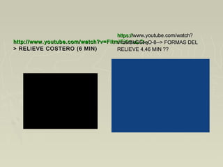 http://www.youtube.com/watch?v=FitmiEXmuLQ--http://www.youtube.com/watch?v=FitmiEXmuLQ--
> RELIEVE COSTERO (6 MIN)> RELIEVE COSTERO (6 MIN)
https://https://www.youtube.com/watch?www.youtube.com/watch?
v=zwBkG64qO-8--> FORMAS DELv=zwBkG64qO-8--> FORMAS DEL
RELIEVE 4,46 MIN ??RELIEVE 4,46 MIN ??
 