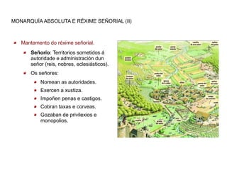 MONARQUÍA ABSOLUTA E RÉXIME SEÑORIAL (II)



   Mantemento do réxime señorial.
      Señorío: Territorios sometidos á
      autoridade e administración dun
      señor (reis, nobres, eclesiásticos).
      Os señores:
          Nomean as autoridades.
          Exercen a xustiza.
          Impoñen penas e castigos.
          Cobran taxas e corveas.
          Gozaban de privilexios e
          monopolios.
 