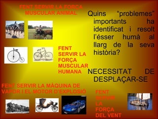 FENT SERVIR LA FORÇA
MUSCULAR ANIMAL Quins “problemes”
importants ha
identificat i resolt
l’ésser humà al
llarg de la seva
història?
NECESSITAT DE
DESPLAÇAR-SE
FENT
SERVIR
LA
FORÇA
DEL VENT
FENT
SERVIR LA
FORÇA
MUSCULAR
HUMANA
FENT SERVIR LA MÀQUINA DE
VAPOR I EL MOTOR D’EXPLOSIÓ
 