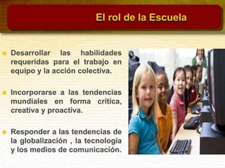 El rol de la Escuela
 Desarrollar las habilidades
requeridas para el trabajo en
equipo y la acción colectiva.
 Incorporarse a las tendencias
mundiales en forma crítica,
creativa y proactiva.
 Responder a las tendencias de
la globalización , la tecnología
y los medios de comunicación.
 