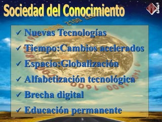  Nuevas Tecnologías
 Tiempo:Cambios acelerados
 Espacio:Globalización
 Alfabetización tecnológica
 Brecha digital
 Educación permanente
 