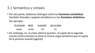 3.1 Semántica y sintaxis
• Por otra parte, debemos distinguir entre las funciones semánticas
(también llamadas «papeles temáticos») y las funciones sintácticas.
Por ejemplo:
El conserje abrió la puerta con su llave
sujeto verbo CD CC
• Sin embargo, en «La llave abrió la puerta», el sujeto de la segunda
oración (instrumento) no tiene la misma carga semántica que el sujeto
de la primera oración (agente)
16
 
