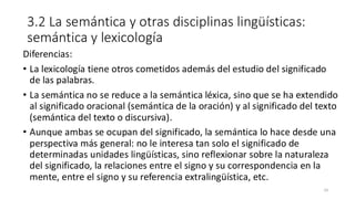 3.2 La semántica y otras disciplinas lingüísticas:
semántica y lexicología
Diferencias:
• La lexicología tiene otros cometidos además del estudio del significado
de las palabras.
• La semántica no se reduce a la semántica léxica, sino que se ha extendido
al significado oracional (semántica de la oración) y al significado del texto
(semántica del texto o discursiva).
• Aunque ambas se ocupan del significado, la semántica lo hace desde una
perspectiva más general: no le interesa tan solo el significado de
determinadas unidades lingüísticas, sino reflexionar sobre la naturaleza
del significado, la relaciones entre el signo y su correspondencia en la
mente, entre el signo y su referencia extralingüística, etc.
19
 