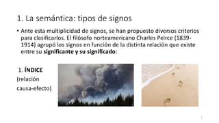 1. La semántica: tipos de signos
• Ante esta multiplicidad de signos, se han propuesto diversos criterios
para clasificarlos. El filósofo norteamericano Charles Peirce (1839-
1914) agrupó los signos en función de la distinta relación que existe
entre su significante y su significado:
1. ÍNDICE
(relación
causa-efecto)
5
 