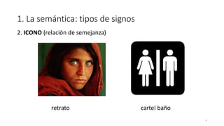 1. La semántica: tipos de signos
2. ICONO (relación de semejanza)
retrato cartel baño
6
 