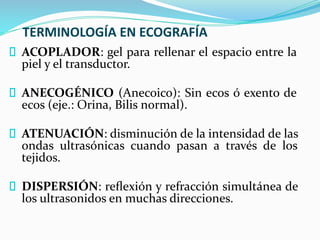 TERMINOLOGÍA EN ECOGRAFÍA
ACOPLADOR: gel para rellenar el espacio entre la
piel y el transductor.
ANECOGÉNICO (Anecoico): Sin ecos ó exento de
ecos (eje.: Orina, Bilis normal).
ATENUACIÓN: disminución de la intensidad de las
ondas ultrasónicas cuando pasan a través de los
tejidos.
DISPERSIÓN: reﬂexión y refracción simultánea de
los ultrasonidos en muchas direcciones.
 
