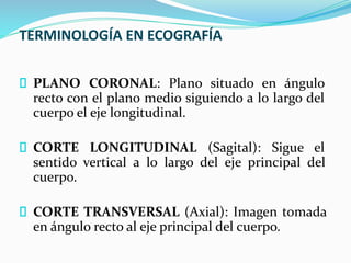 TERMINOLOGÍA EN ECOGRAFÍA
PLANO CORONAL: Plano situado en ángulo
recto con el plano medio siguiendo a lo largo del
cuerpo el eje longitudinal.
CORTE LONGITUDINAL (Sagital): Sigue el
sentido vertical a lo largo del eje principal del
cuerpo.
CORTE TRANSVERSAL (Axial): Imagen tomada
en ángulo recto al eje principal del cuerpo.
 