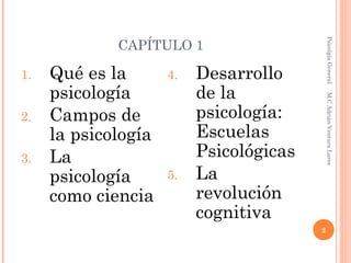 CAPÍTULO 1
PsicolgíaGeneralM.CAdriánVenturaLares
2
1. Qué es la
psicología
2. Campos de
la psicología
3. La
psicología
como ciencia
4. Desarrollo
de la
psicología:
Escuelas
Psicológicas
5. La
revolución
cognitiva
 