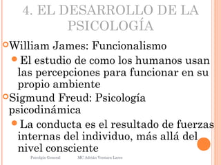 4. EL DESARROLLO DE LA
PSICOLOGÍA
William James: Funcionalismo
El estudio de como los humanos usan
las percepciones para funcionar en su
propio ambiente
Sigmund Freud: Psicología
psicodinámica
La conducta es el resultado de fuerzas
internas del individuo, más allá del
nivel consciente
Psicolgía General
24
MC Adrián Ventura Lares
 