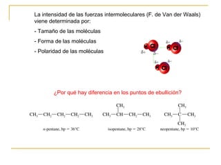 La intensidad de las fuerzas intermoleculares (F. de Van der Waals)
viene determinada por:
- Tamaño de las moléculas
- Forma de las moléculas
- Polaridad de las moléculas
¿Por qué hay diferencia en los puntos de ebullición?
 