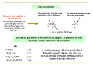 pKb
CH3
NH2 3.36
CH3
CH2
NH2 3.27
CH3
CH2
CH2
NH2 3.16
CH3
CH2
CH2
CH2
NH2 3.39
La cesión de carga eléctrica es similar en
todos los grupos alquilo, por ello, las
demás aminas primarias alifáticas tienen
fuerzas básicas similares
Los iones que forma la metilamina al aceptar un protón son más
estables que los que forma el amoniaco
El grupo metilo estabiliza el
ión metilamonio
La cesión de electrones por
parte del grupo alquilo
dispersa la carga positiva
creada sobre el átomo de
nitrógeno
Otra explicación
 