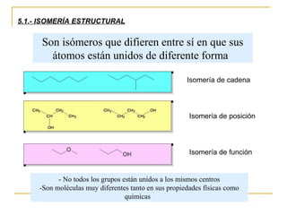 5.1.- ISOMERÍA ESTRUCTURAL
Isomería de cadena
Isomería de posición
Isomería de función
Son isómeros que difieren entre sí en que sus
átomos están unidos de diferente forma
- No todos los grupos están unidos a los mismos centros
-Son moléculas muy diferentes tanto en sus propiedades físicas como
químicas
 