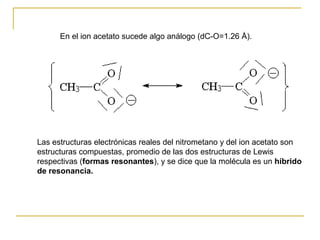 En el ion acetato sucede algo análogo (dC-O=1.26 Å).
Las estructuras electrónicas reales del nitrometano y del ion acetato son
estructuras compuestas, promedio de las dos estructuras de Lewis
respectivas (formas resonantes), y se dice que la molécula es un híbrido
de resonancia.
 