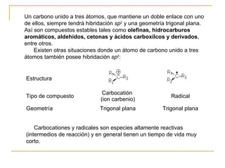 Un carbono unido a tres átomos, que mantiene un doble enlace con uno
de ellos, siempre tendrá hibridación sp2
y una geometría trigonal plana.
Así son compuestos estables tales como olefinas, hidrocarburos
aromáticos, aldehídos, cetonas y ácidos carboxílcos y derivados,
entre otros.
Existen otras situaciones donde un átomo de carbono unido a tres
átomos también posee hibridación sp2
:
Estructura
Tipo de compuesto
Carbocatión
(ion carbenio)
Radical
Geometría Trigonal plana Trigonal plana
Carbocationes y radicales son especies altamente reactivas
(intermedios de reacción) y en general tienen un tiempo de vida muy
corto.
 