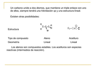 Un carbono unido a dos átomos, que mantiene un triple enlace con uno
de ellos, siempre tendrá una hibridación sp y una estructura lineal.
Existen otras posibilidades:
Estructura
Tipo de compuesto Aleno Acetiluro
Geometría Lineal Lineal
Los alenos son compuestos estables. Los acetiluros son especies
reactivas (intermedios de reacción).
 