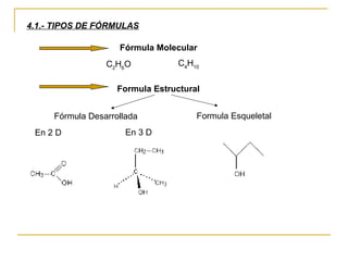 4.1.- TIPOS DE FÓRMULAS
Fórmula Molecular
C2
H6
O C4
H10
Formula Estructural
Fórmula Desarrollada Formula Esqueletal
En 2 D En 3 D
 