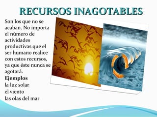 Son los que no se
acaban. No importa
el número de
actividades
productivas que el
ser humano realice
con estos recursos,
ya que éste nunca se
agotará.
Ejemplos
la luz solar
el viento
las olas del mar
RECURSOS INAGOTABLESRECURSOS INAGOTABLES
 