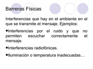 Barreras Físicas Interferencias que hay en el ambiente en el que se transmite el mensaje. Ejemplos: Interferencias por el ruido y que no permiten escuchar correctamente el mensaje. Interferencias radiofónicas. Iluminación o temperatura inadecuadas… 
