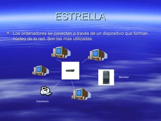 ESTRELLAESTRELLA
 Los ordenadores se conectan a través de un dispositivo que formanLos ordenadores se conectan a través de un dispositivo que forman
núcleo de la red. Son las mas utilizadas.núcleo de la red. Son las mas utilizadas.
Impresora
Servidor
 