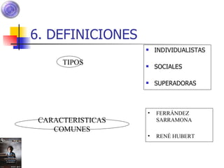 6. DEFINICIONES INDIVIDUALISTAS SOCIALES SUPERADORAS TIPOS CARACTERISTICAS COMUNES FERRÁNDEZ SARRAMONA RENÉ HUBERT 