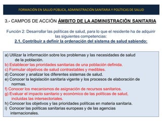 FORMACIÓN EN SALUD PÚBLICA, ADMINISTRACIÓN SANITARIA Y POLÍTICAS DE SALUD


3.- CAMPOS DE ACCIÓN ÁMBITO DE LA ADMINISTRACIÓN SANITARIA

Función 2: Desarrollar las políticas de salud, para lo que el residente ha de adquirir
                            las siguientes competencias:
    2.1. Contribuir a definir la ordenación del sistema de salud sabiendo:


a) Utilizar la información sobre los problemas y las necesidades de salud
       de la población.
b) Establecer las prioridades sanitarias de una población definida.
c) Formular objetivos de salud contrastables y medibles.
d) Conocer y analizar los diferentes sistemas de salud.
e) Conocer la legislación sanitaria vigente y los procesos de elaboración de
     normas.
f) Conocer los mecanismos de asignación de recursos sanitarios.
g) Evaluar el impacto sanitario y económico de las políticas de salud,
     incluidas las intersectoriales.
h) Conocer los objetivos y las prioridades políticas en materia sanitaria.
i) Conocer las políticas sanitarias europeas y de las agencias
    internacionales.
 