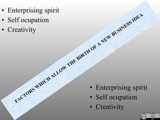 • Enterprising spirit 
• Self ocupation 
• Creativity 
FACTORS WHICH ALLOW THE BIRTH OF A NEW BUSINESS IDEA 
• Enterprising spirit 
• Self ocupation 
• Creativity 
 