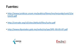 Fuentes:
• http://www.juridicas.unam.mx/publica/librev/rev/revjurdp/cont/2/ar
t/art2.pdf
• http://cetrade.org/v2/sites/default/files/lucho.pdf
• http://www.diputados.gob.mx/sedia/sia/spe/SPE-ISS-05-07.pdf
 