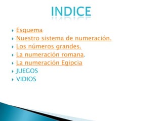    Esquema
   Nuestro sistema de numeración.
   Los números grandes.
   La numeración romana.
   La numeración Egipcia
   JUEGOS
   VIDIOS
 