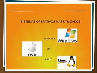 SISTEMAS OPERATIVOS MAS UTILIZADOS
LINUX
OS
WINDOWS
 