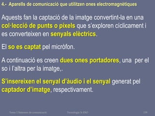 Tema 1 Sistemes de comunicació Tecnologia 3r ESO 139
4.- Aparells de comunicació que utilitzen ones electromagnètiques
Aquests fan la captació de la imatge convertint-la en una
col·lecció de punts o píxels que s’exploren cíclicament i
es converteixen en senyals elèctrics.
El so es captat pel micròfon.
A continuació es creen dues ones portadores, una per el
so i l’altra per la imatge,.
S’insereixen el senyal d’àudio i el senyal generat pel
captador d’imatge, respectivament.
 