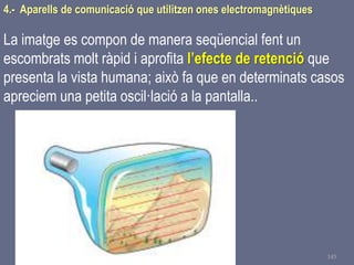 Tema 1 Sistemes de comunicació Tecnologia 3r ESO 145
4.- Aparells de comunicació que utilitzen ones electromagnètiques
La imatge es compon de manera seqüencial fent un
escombrats molt ràpid i aprofita l’efecte de retenció que
presenta la vista humana; això fa que en determinats casos
apreciem una petita oscil·lació a la pantalla..
 